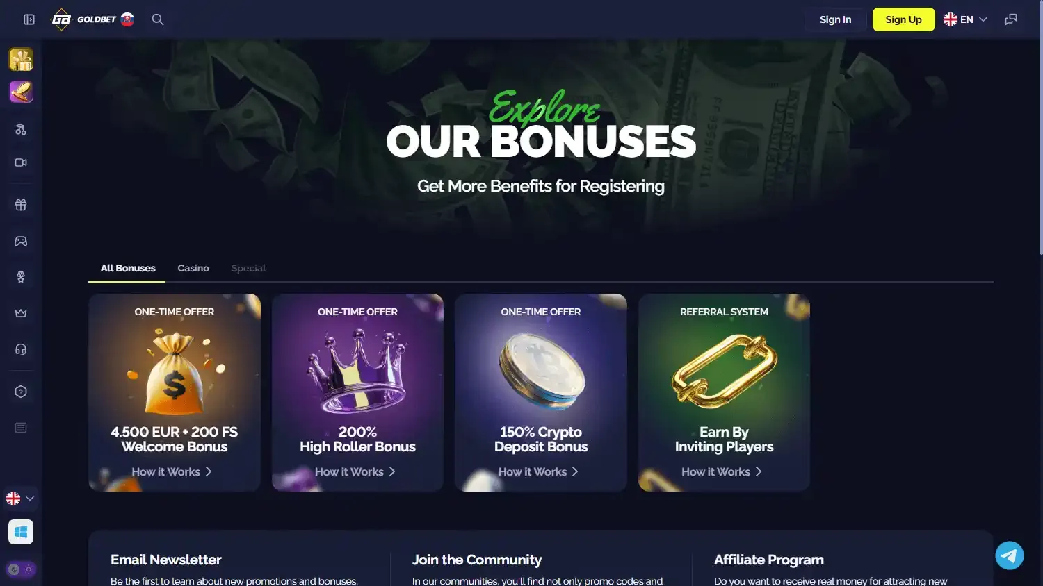 Katalog bonusów kasynowych Goldbet z kafelkami pakietu powitalnego oraz promocji depozytowych