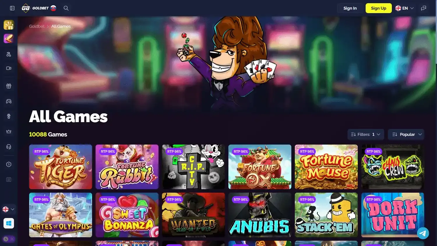 Katalog gier kasynowych Goldbet z kafelkami popularnych automatów slotowych i filtrami